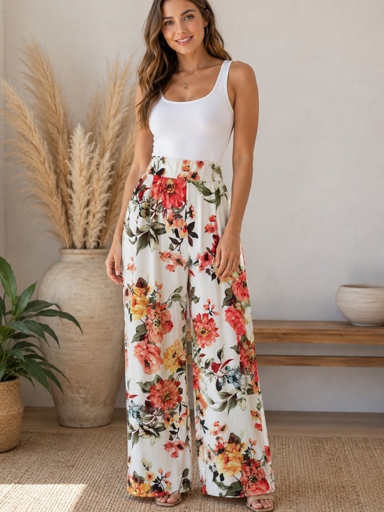 JLUXLABEL Pants - JLUXLABEL Boho Floral Wide Leg Pants High Waist Flowy Palazzo Cream Multi SZ M